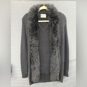 Vintage Herald House Ribbed Sweater Vest Faux Fur Cardigan
